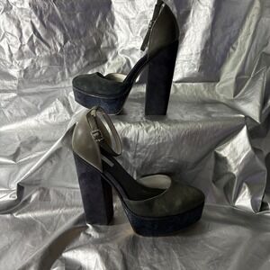 Topshop Womens Ankle Strap Block Heels 8.5 Olive Green Navy Blue Chunky Platform